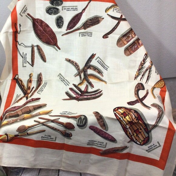 Vintage Aboriginal Motif Linen Handkerchief Wallhanging by Heil Australia 35” Sq - Picture 3 of 7